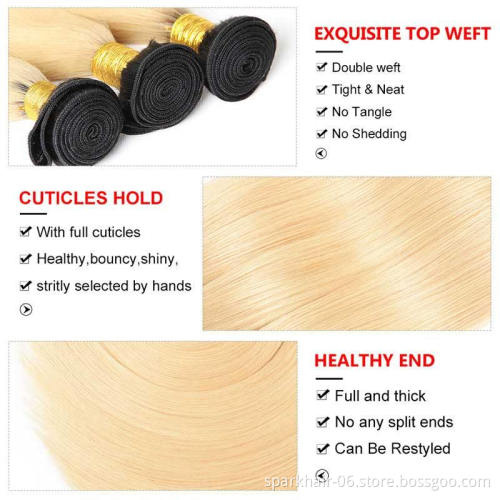 SPARK Cuticle Aligned Raw Virgin Straight Ombre 1B 613 Blonde Human Hair Bundles With Frontal